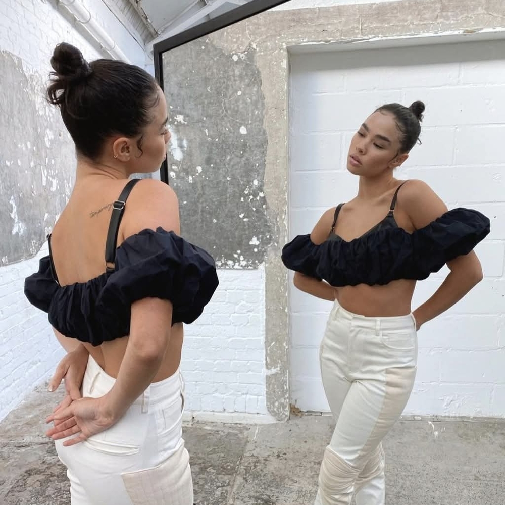 Black Puff Off-Shoulder Crop Top